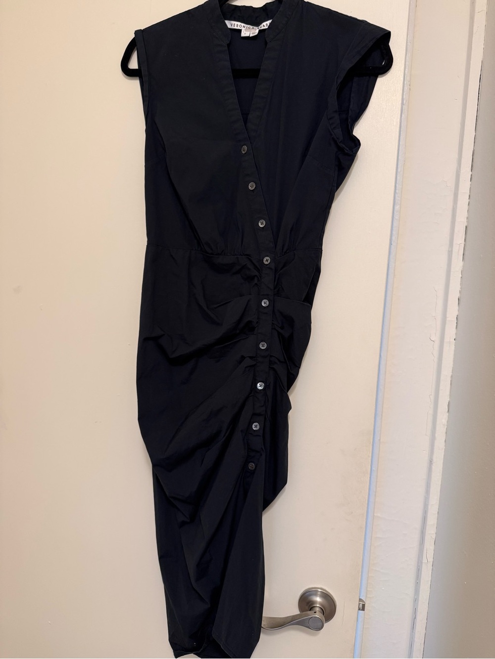 Veronica Beard Black Asymmetric Button-Front Jumpsuit with Draped Side